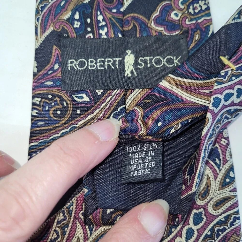 Robert Stock Tie Mens One Size Paisley Print Silk Handmade Necktie Preppy Office